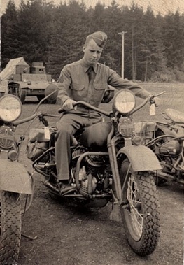 Lee MacDonald on bike at Ft. Lewis, 1941