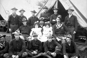 Soldiers from the First  Battery Minnesota Artillery pose during visitors day at Camp Lakeview, 1898.