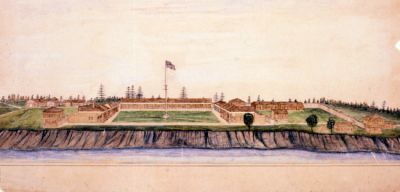 Watercolor of 1868 Fort Ripley by Col. Edward G. Bush (1838-1892). Painted by Bush in 1880 upon revisiting the fort that he commanded September 1868 to May 1869 while a 30 year-old captain.  The painting depicts the fort as he remembered it in 1868.