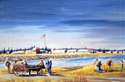 Watercolor painted in 1989 of Ft. Ripley by Minnesota artist Paul S. Kramer (1919-2012).  This painting hangs in the Minnesota Military Museum.  A larger oil painting of the same scene hangs in Camp Ripley's post headquarters.
