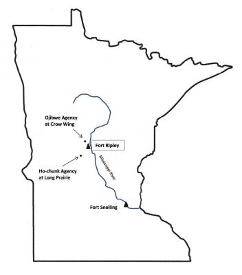Location of Ft. Ripley in relation to the Ho Chunk and Crow Wing (Ojibwe)  Agencies.